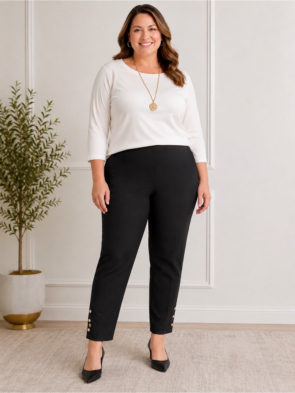 Chico's Black Pull-On Ankle Pants with Side Button Detail